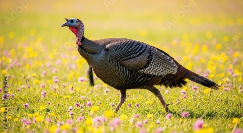 wild turkey walking through field of flowers