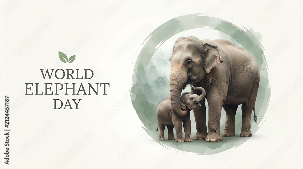 Fototapeta World Elephant Day banner with mother and calf, watercolor style wildlife conservation poster, majestic elephant family on cream background