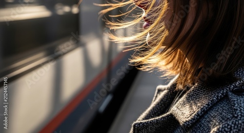 woman hair blowing in wind on train platform