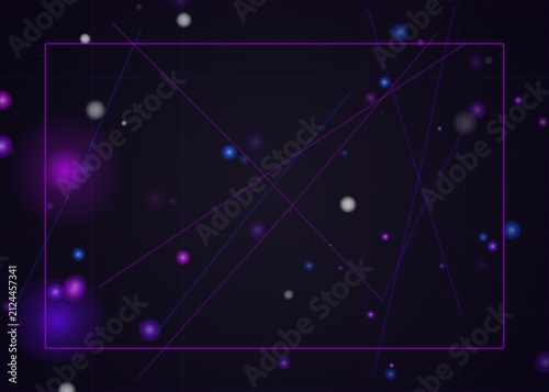 Abstract Dark Background Featuring Glowing Neon Particles and Geometric Purple Frame Elements