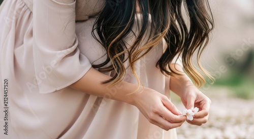 Woman holding flower, elegant lady in beige dress