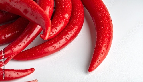 Vibrant red chili peppers glistening with water droplets, showcasing their fresh and spicy appeal