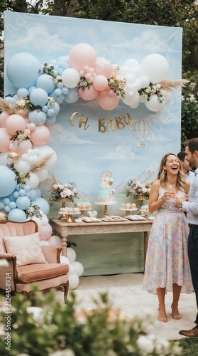 Elegant Baby Shower Celebration with Pastel Decorations and Floral Arrangements.