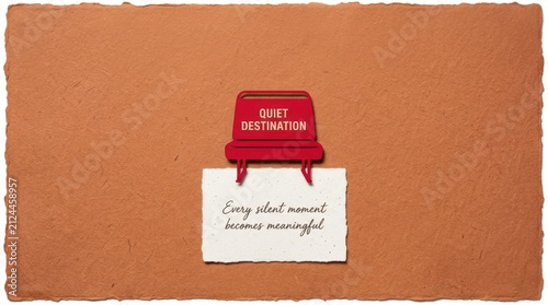 Minimalist red paper cut bus seat labeled quiet destination placed above a white note with inspirational quote every silent moment becomes meaningful on a brown textured craft background for concepts.