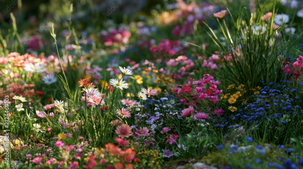 Fototapeta premium Vibrant Wildflower Meadow with a Variety of Colorful Blossoms in Natural Light, Ideal for Nature and Spring-themed Projects