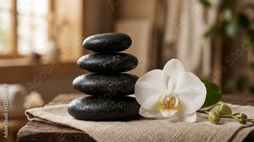 Stacked Stones with Orchid Flower for Spa Relaxation