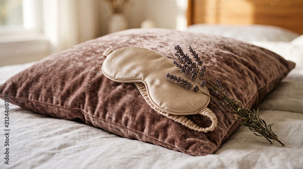 Obraz premium Lavender Sleep Mask on Textured Brown Pillow for Relaxation