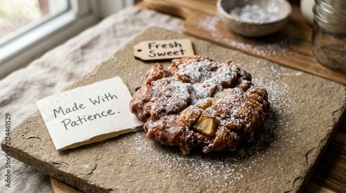 Artisanal apple fritter pastry dusted with powdered sugar sits on rustic stone surface beside handwritten tags labeled fresh sweet and made with patience, representing delicious homemade bakery treat.