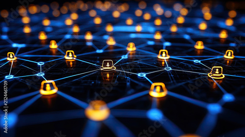 Abstract digital network connections with glowing nodes and data flow, technology concept, blue and orange lights