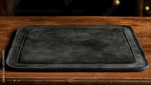 Black fuzzy rectangular placemat with stitched border on rustic wooden table, close-up shot