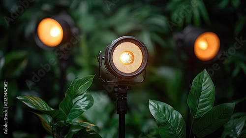 Outdoor LED spotlights illuminating lush green foliage, creating a warm and inviting atmosphere with glowing orange light.