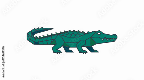 Geometric stylized green alligator illustration on white background