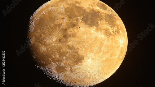 Detailed close-up of the full moon with craters and texture, illuminated in golden hues against a dark night sky.