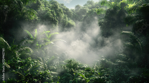 Misty jungle canopy with lush green foliage and sunlight filtering through the trees, creating a mystical atmosphere.
