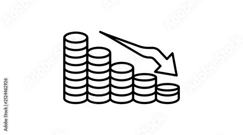 Debt Reduction Symbol with Decreasing Stacked Coins and Arrow Icon