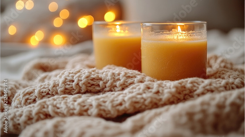 Cozy Evening Ambiance: Two lit scented candles on a soft knitted blanket with bokeh lights, creating a warm and relaxing atmosphere.