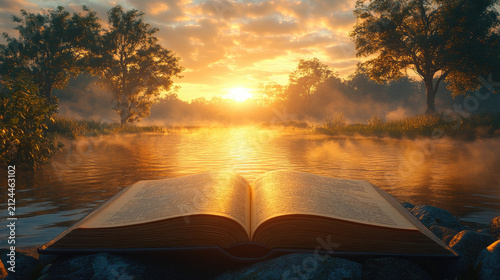 Open Book Floating on Misty Lake at Sunrise, Inspiring Nature Scene with Golden Light and Lush Trees