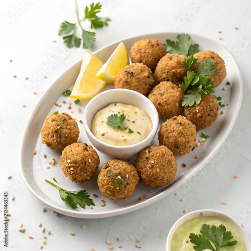 Crispy falafel balls with creamy tahini dip and lemon wedges on an oval platter with parsley garnish