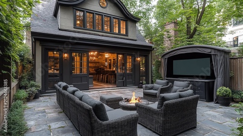 Luxurious Outdoor Living Space with Fire Pit, Large Sofa, and Entertainment Area
