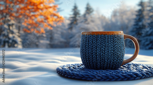 Cozy Knitted Mug Warming in Snowy Winter Landscape at Sunrise