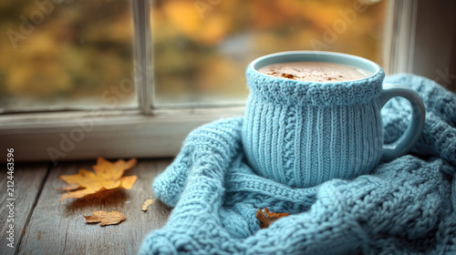 Cozy Blue Knit Mug of Hot Chocolate by Window with Autumn Leaves, Warmth and Comfort
