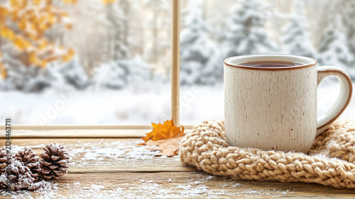 Cozy Winter Scene: Mug of Hot Tea on Knitted Scarf by Snowy Window with Pinecones