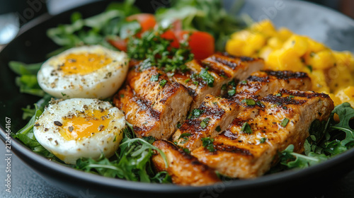 Healthy Grilled Chicken Salad Bowl with Soft Boiled Eggs and Mango - Delicious and Nutritious Meal