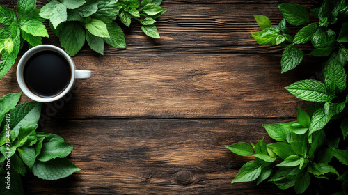 Aromatic Coffee Cup Surrounded by Fresh Green Mint Leaves on a Rustic Wooden Table