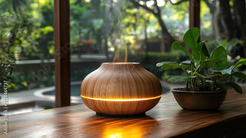 Aromatherapy diffuser emitting mist and light next to a potted plant, creating a serene ambiance in a lush, green outdoor setting.