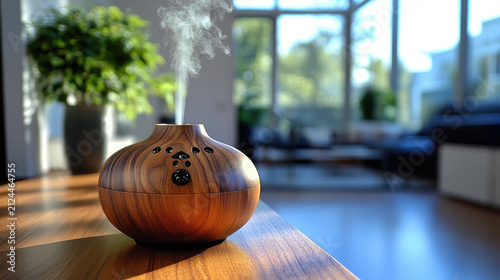 Modern wooden essential oil diffuser emitting steam in a bright, airy living room with sunlight and plants