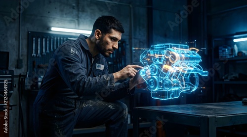 Male mechanic examining digital holographic engine projection in workshop