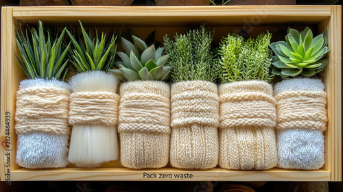Assortment of Miniature Succulents and Greenery in Knitted Holders, Wooden Crate Display