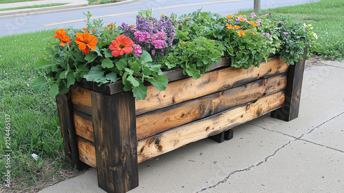 Rustic Wooden Planter Box Overflowing with Colorful Spring Flowers and Greenery