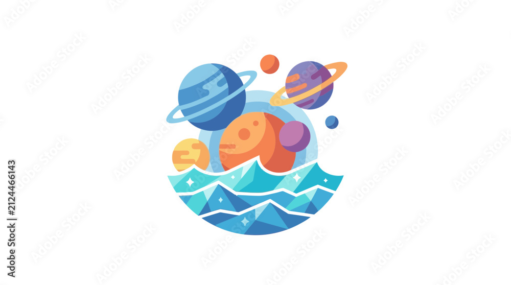 Fototapeta premium Colorful flat illustration of planets floating above stylized blue waves, depicting a cosmic ocean scene with vibrant celestial bodies.