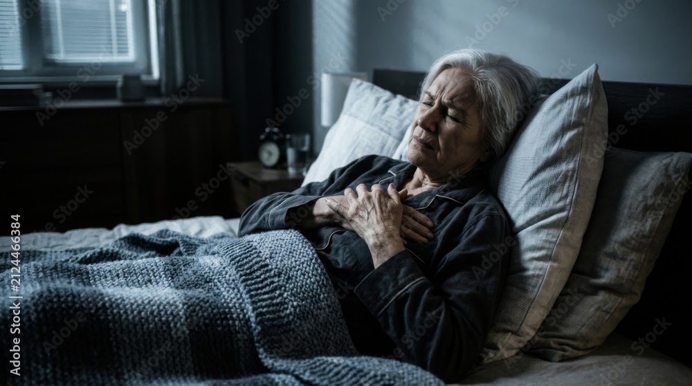 Fototapeta premium Elder Woman Experiencing Chest Pain In Bed At Night