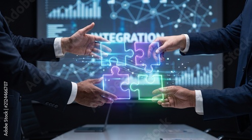 Business team hands interacting with glowing holographic puzzle pieces floating in mid air