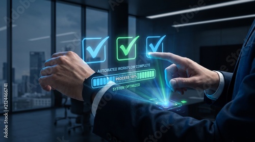Close up of hands holding smartphone with floating glowing 3D AI prompt search bar UI