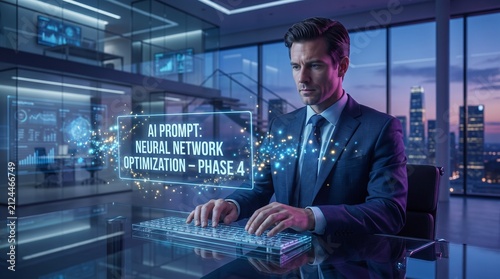 Creative professional working on laptop with glowing futuristic AI image generator holographic interface