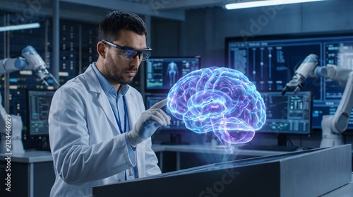 Businessman with glowing 3D digital brain network hologram representing artificial intelligence