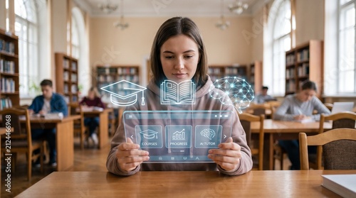 Student holding tablet with floating holographic graduation cap and digital learning icons