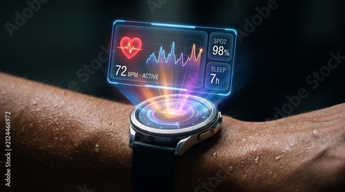 Smart watch display projecting floating holographic heart rate graph and biometric fitness metrics