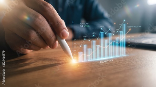 Digital stylus touching glowing 3D financial growth chart hologram on office desk