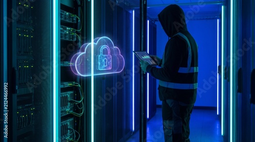 Technician in dark server room holding tablet with floating holographic secure cloud icon