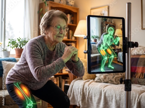 Senior Woman Doing Smart Fitness Squats with AR Hologram Tech at Home