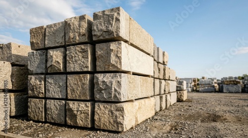 Large Stack of Natural Stone Blocks in Quarry Storage Yard.
