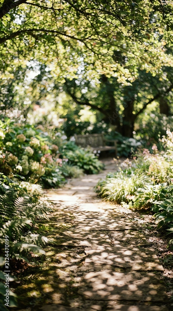 Fototapeta premium Serene Forest Pathway Surrounded by Lush Green Trees and Sunlight.