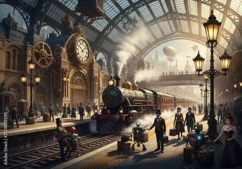 Steampunk train station with vintage steam locomotive and futuristic robots on the platform