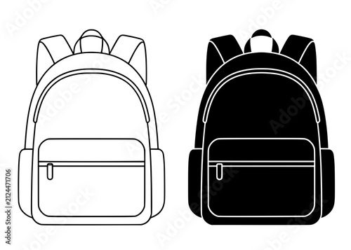 Minimalist backpack icon in outline and silhouette style, for UI/UX app design