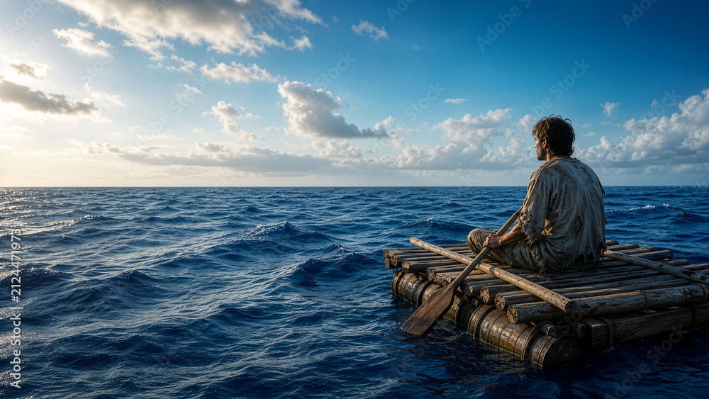 Fototapeta premium Survival, isolation and crisis management concept, man on a wooden raft with blank space