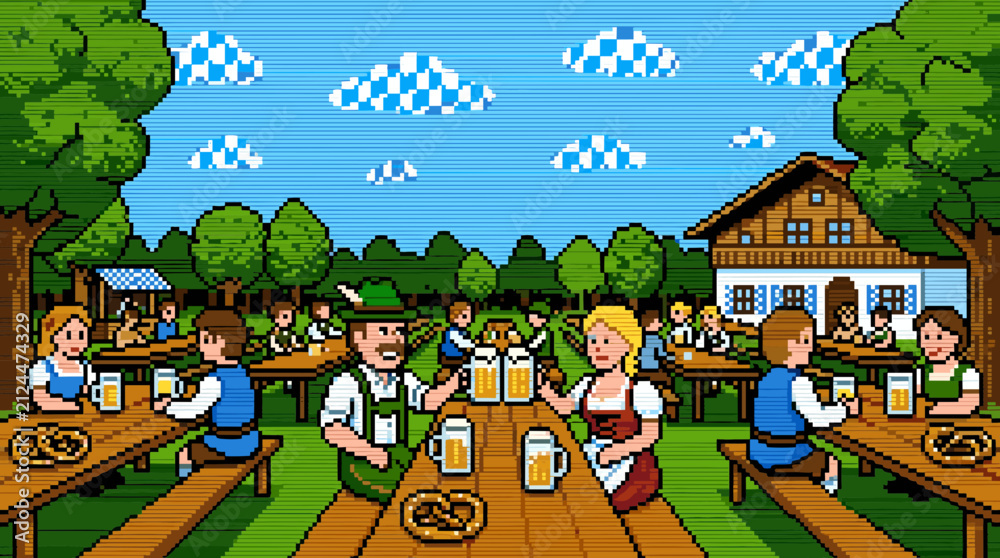 Fototapeta premium Pixel Art Oktoberfest Celebration: People Enjoying Beer and Pretzels Outdoors